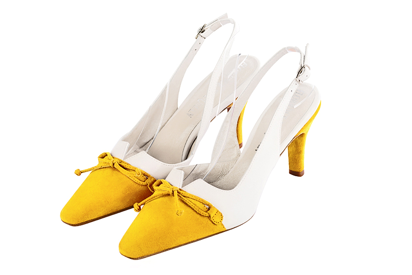 Dress slingback bow heels in yellow and pure white leather with high slim heels and tapered toe - Front view